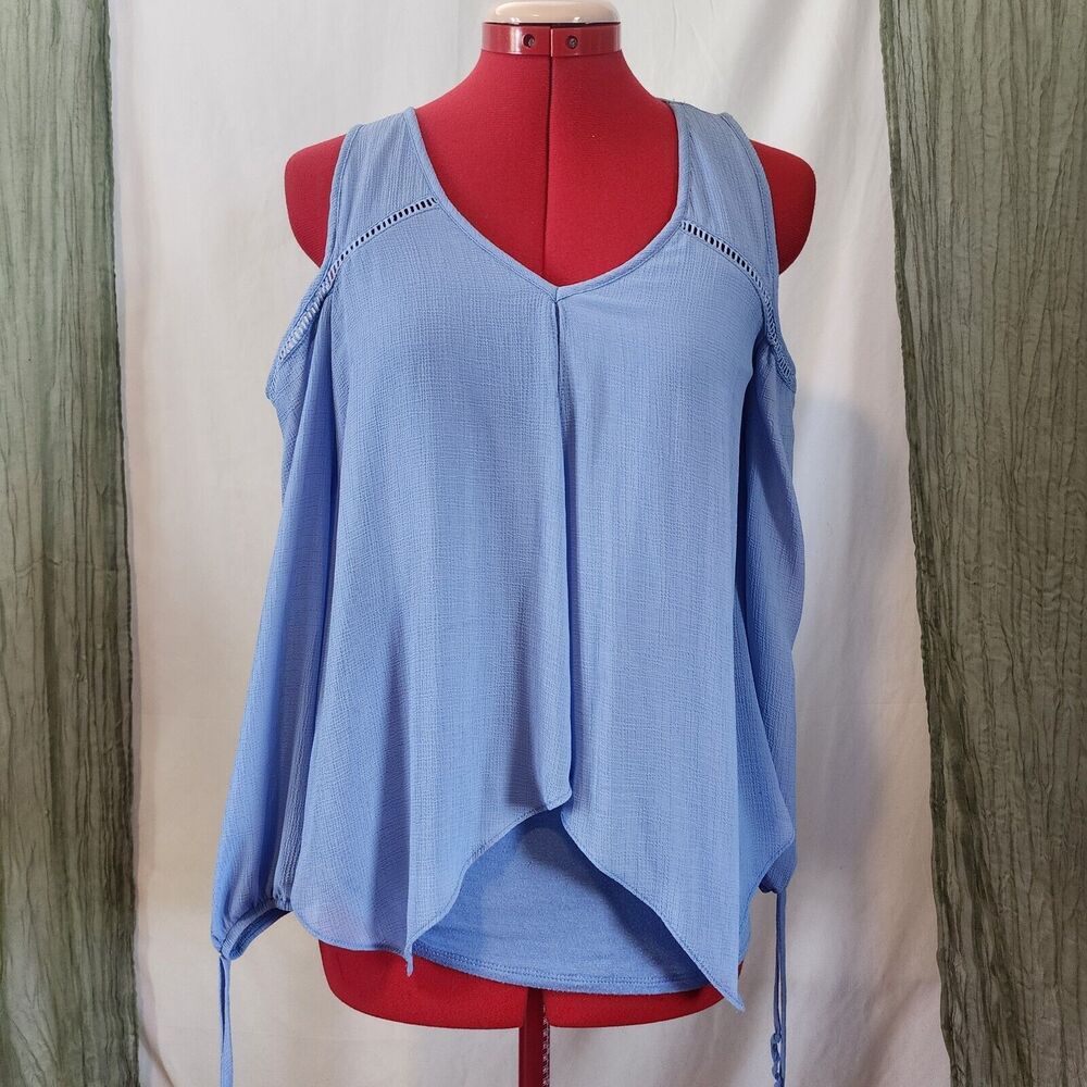 BCX Blue Lined Cut Out Shoulder Long Sleeve Blouse Size S